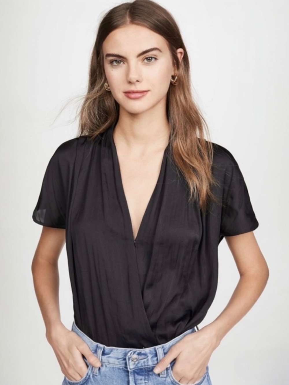 PAIGE Women’s Dijon Surplice Satin Short Sleeve Deep V Neck Faux Wrap Bodysuit